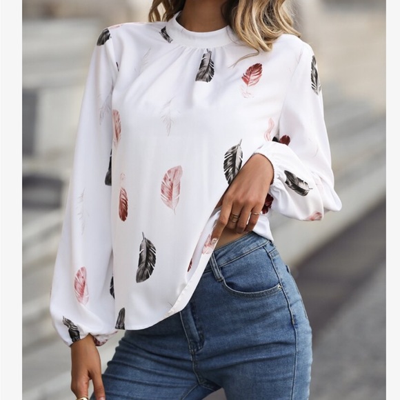 Boho Feather Print Long Sleeve Top Blouse Shirt White - Picture 7 of 7
